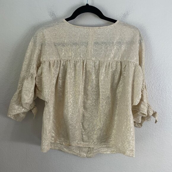 Sezane Womens 4 US Metallic Button Up Blouse 3/4 Ruched Sleeve Shirt Top - Picture 13 of 13